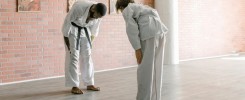 Two people in karate uniforms bowing to each other