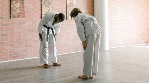 Two people in karate uniforms bowing to each other